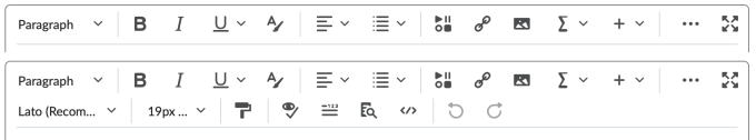 Screen shots showing thte Brightspace Editor with one and two rows of tools. 