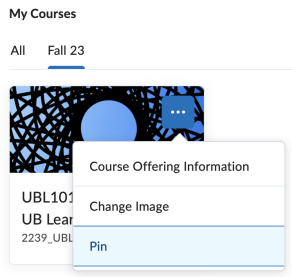 Zoom image: Screenshot of how to pin a course in UB Learns Powered by Brightspace. 
