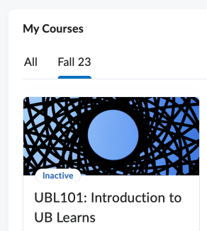 Zoom image: Screenshot of the Fall 23 tab in UB Learns Powered by Brightspace. 