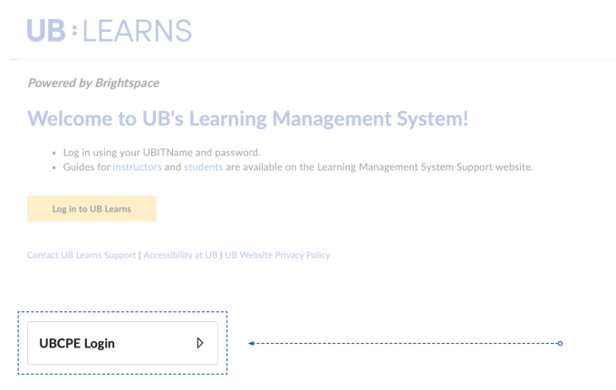 UB Learns login page showing the UBCPE Login section highlighted with a dashed rectangle and line with arrow. 