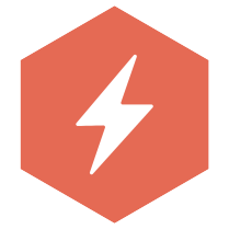 White lightning bolt inside orange/red hexagon. 