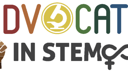 Logo in the rainbow colors, with the words "ADVOCATE IN STEM." Includes a brown fist "power" iconic symbol, as well as a gender fluid symbol. 