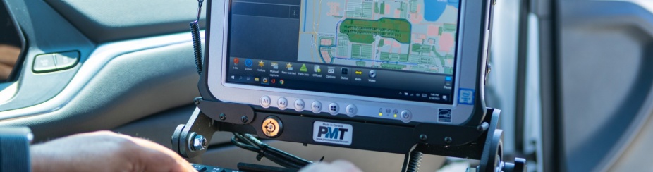 license plate recognition system screen as seen from inside a parking enforcement vehicle. 