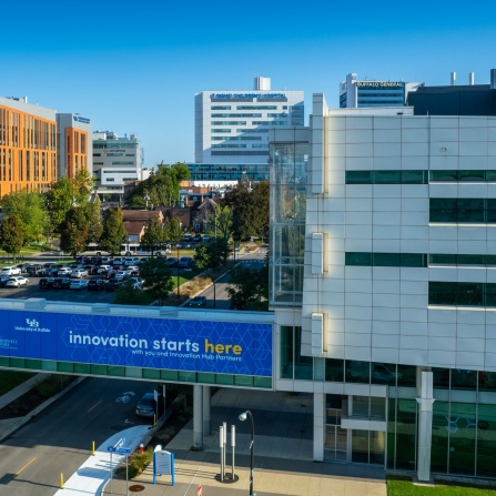 Aerial image of the Buffalo Niagara Medical Campus, including UB’s Medical School Building, home of the Jacobs School of Medicine and Biomedical Sciences and the Center of Excellence in Bioinformatics and Life Sciences, are photographed with a drone in September 2021. Photographer: Douglas Levere.