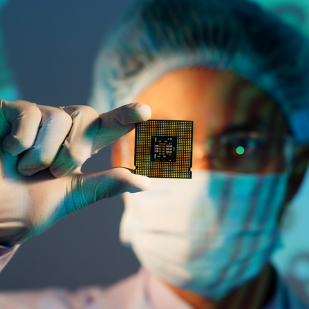 Researcher holding a semiconductor chip. 