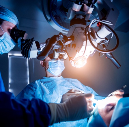 A team of surgeons performing brain surgery to remove a tumor. 