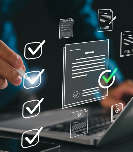 Certificate quality assurance businessman check marks on laptop. 