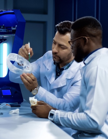 Royalty-free stock photo ID: 1086680303 Side view of multiethnic researchers discussing possibilities of 3-D printing for prosthetic and medical engineering. 