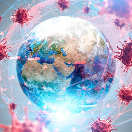 Royalty-free stock illustration ID: 1654083868 Coronavirus flu ncov over Earth background and its blurry hologram. Concept of cure search and global world. 3d rendering toned image. Elements of this image furnished by NASA. 