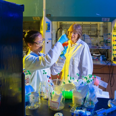 Zuiru Lin (left), a medicinal chemistry major, works in the lab of UB Distinguished Professor Janet Morrow (right). They are photographed in a lab in the Natural Sciences Complex in July 2019 in connection with the Boldly Buffalo Campaign Women in Sciences and Engineering (WiSE) story. Photographer: Douglas Levere. 