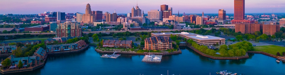 Aerial view of Downtown Buffalo, NY waterfront. 
