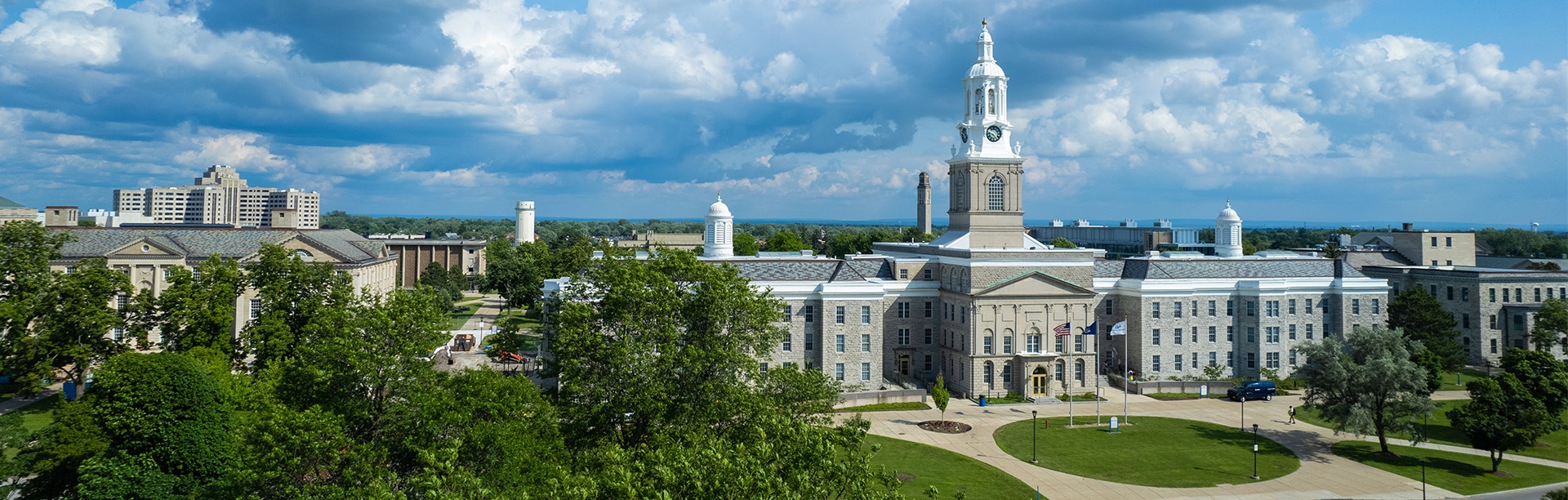 Aerial image of Hayes Hall on the University at Buffalo South Campus.