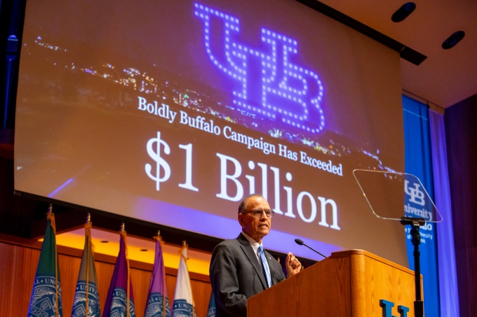 President Tripathi announces that the Boldly Buffalo Campaign has exceeded $1 billion at his 2023 State of the University address. 