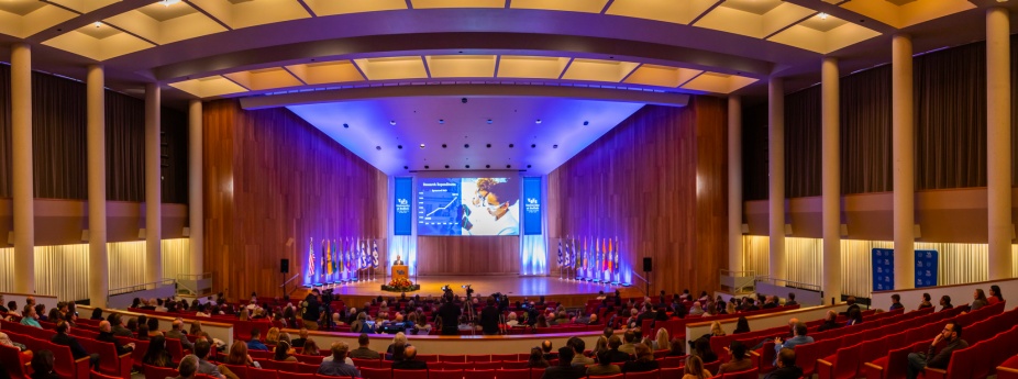 View of the Lippes Concert Hall in Slee Hall during President Satish K. Tripathi's 2022 State of the University address. 