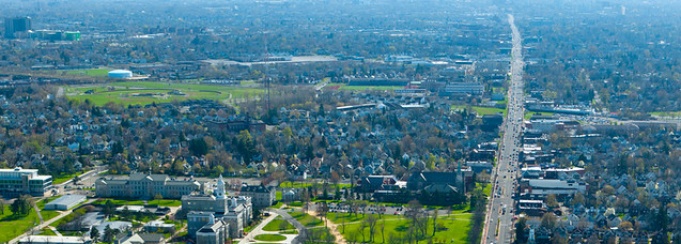 South campus aerial view extending down Main Street to the Buffalo waterfront. 