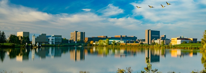 North campus academic spine viewed from lake. 
