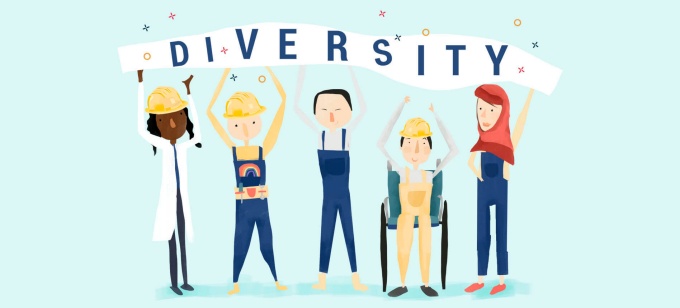 a cartoon of a diverse group of people with a banner that says "diversity". 