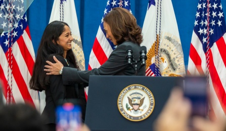 Vice President Kamala Harris with the student who introduced her. 