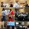 montage of six photos from a symposium with top two showing a person discussing a poster presentation, then two other people looking at a poster, then two pictures of people sitting at a table, and a final picture of a presentation with a powerpoint display. 