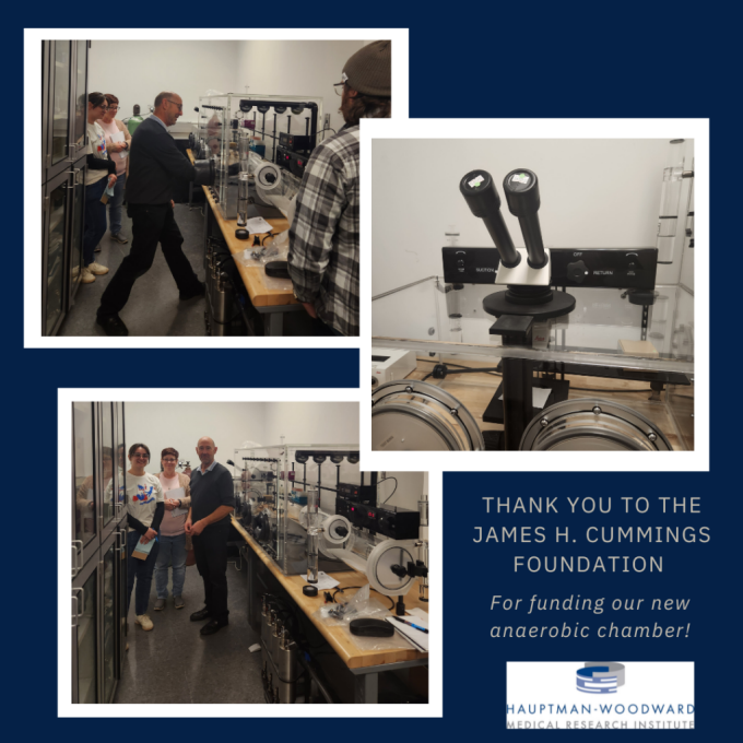 a montage of three photos with three people posing with laboratory equipent and one picture a closeup of a microscope. There is a message that says, 'Thank you to the John H. Cummings foundation for funding our new aenerobic chamber'. 