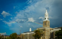 Hayes Hall with a rainbow. 