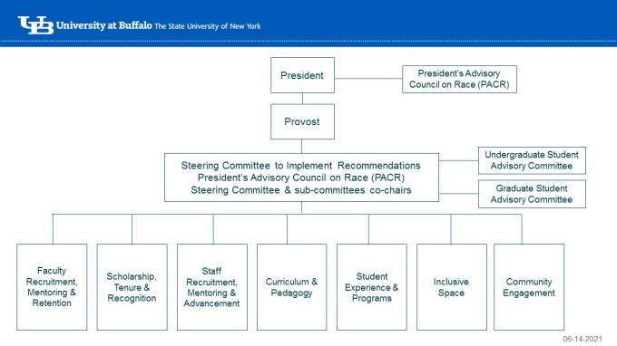 org chart showing the steering committee overseeing seven subcommittees, with two student advisory committees reporting to the Steering Committee. 