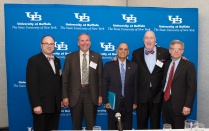 Zoom image: From left to right: Domenic Licata, Peter Kneupher, President Satish Tripathi, Philip Glick, and Charles Zukoski 