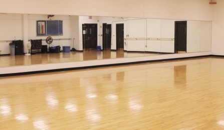 Empty dance studio with a polished wood floor, full wall mirrors, ballet barres, and open space for movement and practice. 