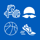 blue background with four icons in white. icons include dumbell icon, swimming cap and goggles, basketball and a running shoe. 