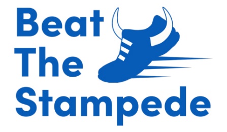 "Beat The Stampede" logo in UB Blue with a running shoe with horns. 