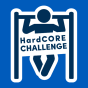 HardCORE Challenge logo featuring a person performing a pull-up in navy and white on a blue background. 