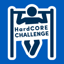 HardCORE Challenge logo featuring a person performing a pull-up in navy and white on a blue background.
