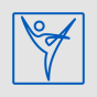 Blue line icon of a person performing a high kick inside a rounded square border. 