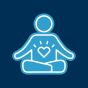 White outline of a person meditating with a heart at the center of their chest on a blue background. 