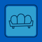 Dark blue outline of a three-seat sofa on a light blue square background. 