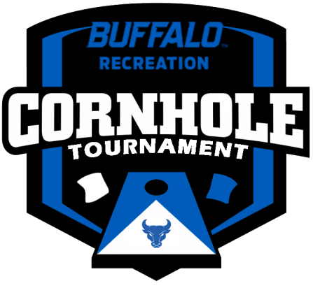 buffalo bull head logo over "CORNHOLE TOURNAMENT" with "UB REC" logo on a cornhole board and two bean bags.