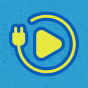 Yellow play button encircled by an electrical cord and plug on a textured blue background. 