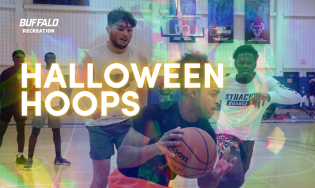 students playing basketball with trippy overlay of "HALLOWEEN HOOPS". 
