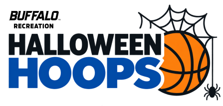 UB Recreation “Halloween Hoops” graphic featuring bold navy and blue text beside an orange basketball wrapped in a spider web, with a hanging black spider.