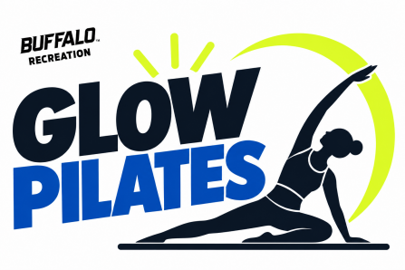 UB Recreation “Glow Pilates” graphic featuring bold navy and blue text beside a seated figure performing a side stretch on a mat, framed by a bright lime-green crescent and glow accents.