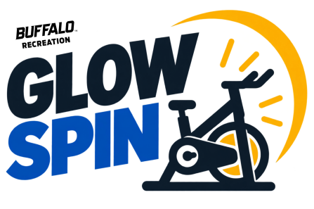 UB Recreation “Glow Spin” graphic featuring bold navy and blue text beside a stationary bike, with yellow glow accents and a sweeping yellow arc.