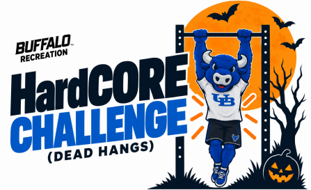 UB Recreation “HardCORE Challenge (Dead Hangs)” graphic featuring Victor E. Bull in a white UB T-shirt and black shorts performing a dead hang from a pull-up bar, surrounded by Halloween elements including an orange moon, bats, a spooky tree, and a jack-o’-lantern.