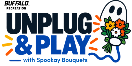 Buffalo Recreation graphic reading “UNPLUG & PLAY with Spookay Bouquets,” featuring bold blue and black text beside a playful white ghost holding a colorful bouquet of orange, yellow, and white flowers.