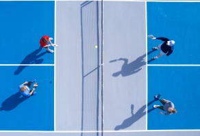 aerial view of the UB Pickleball Court with two teams of two people. 