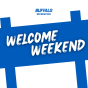 BUFFALO+RECREATION stacked lock-up above blue sign graphic that reads "WELCOME WEEKEND". 