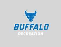 UB Blue and white outline spirit mark+BUFFALO+RECREATION stacked lock-up on a grey background. 