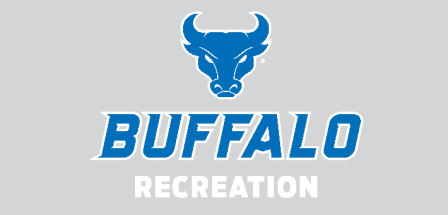UB Blue and white outline spirit mark+BUFFALO+RECREATION stacked lock-up on a grey background. 