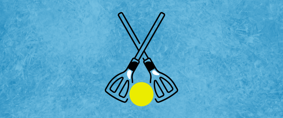 Illustration of two crossed broomball sticks with a bright yellow ball centered between the stick heads, set against a textured light blue background. 