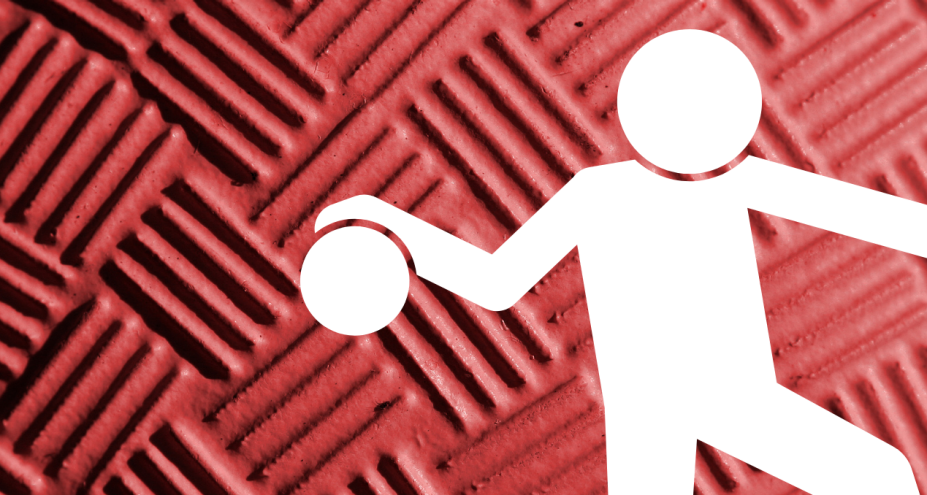 dodgeball texture background in red with white icon of person about to throw a dodgeball. 