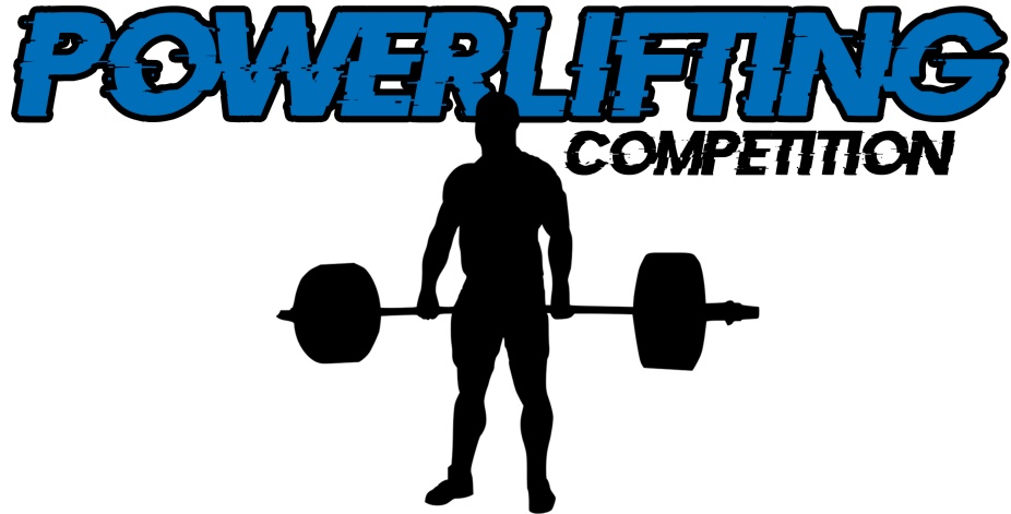 Promotional graphic for the Powerlifting Competition featuring bold text and a silhouette of a person holding a loaded barbell. 